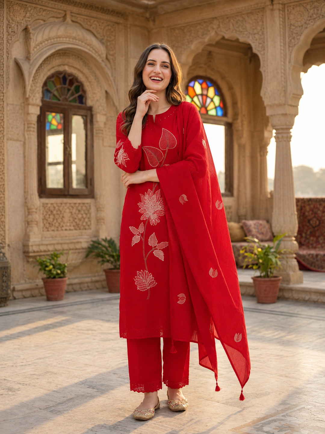 Red Solid Cotton A-Line Kurta Set with Floral Thread Embroidery, Round Neck, Drawstring Palazzo & Embroidered Pure Cotton Dupatta