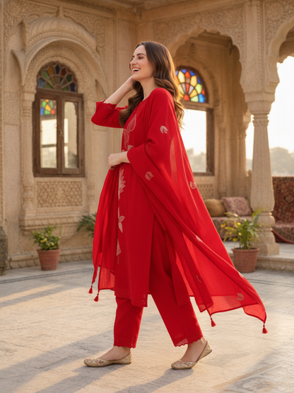 Red Solid Cotton A-Line Kurta Set with Floral Thread Embroidery, Round Neck, Drawstring Palazzo & Embroidered Pure Cotton Dupatta