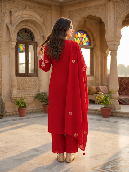 Red Solid Cotton A-Line Kurta Set with Floral Thread Embroidery, Round Neck, Drawstring Palazzo & Embroidered Pure Cotton Dupatta