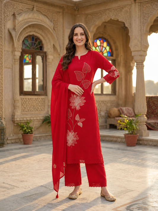 Red Solid Cotton A-Line Kurta Set with Floral Thread Embroidery, Round Neck, Drawstring Palazzo & Embroidered Pure Cotton Dupatta