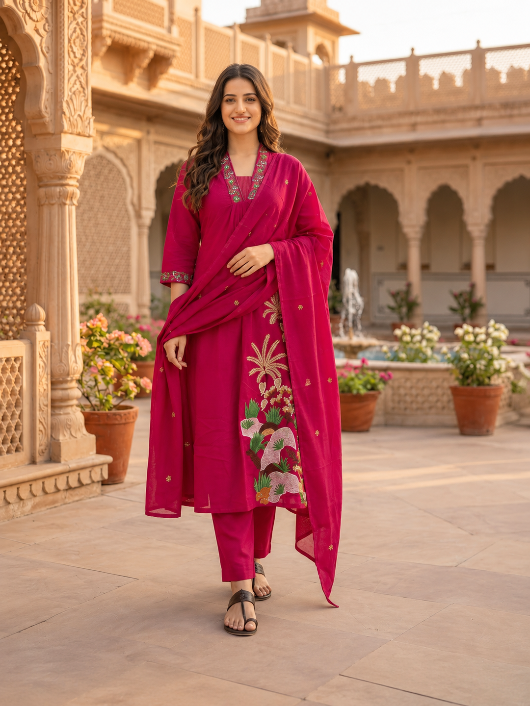 Fuchsia Cotton Dobby Kurta Set with Floral Embroidery, Pant & Dupatta