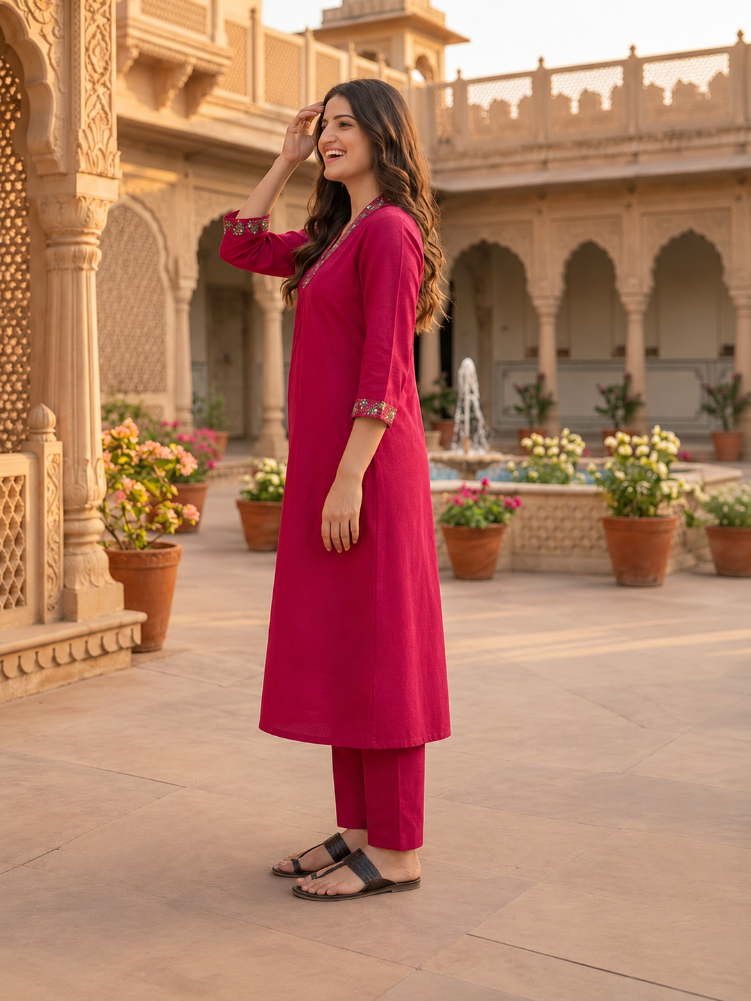 Fuchsia Cotton Dobby Kurta Set with Floral Embroidery, Pant & Dupatta