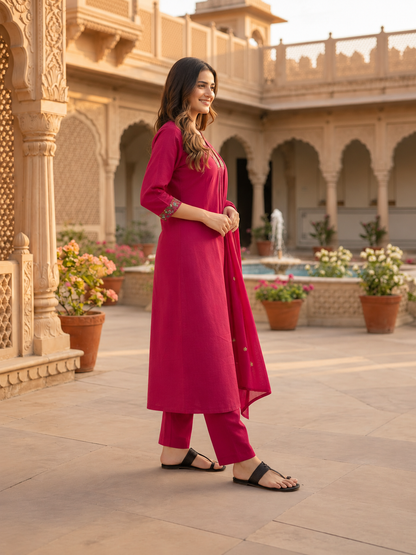 Fuchsia Cotton Dobby Kurta Set with Floral Embroidery, Pant & Dupatta