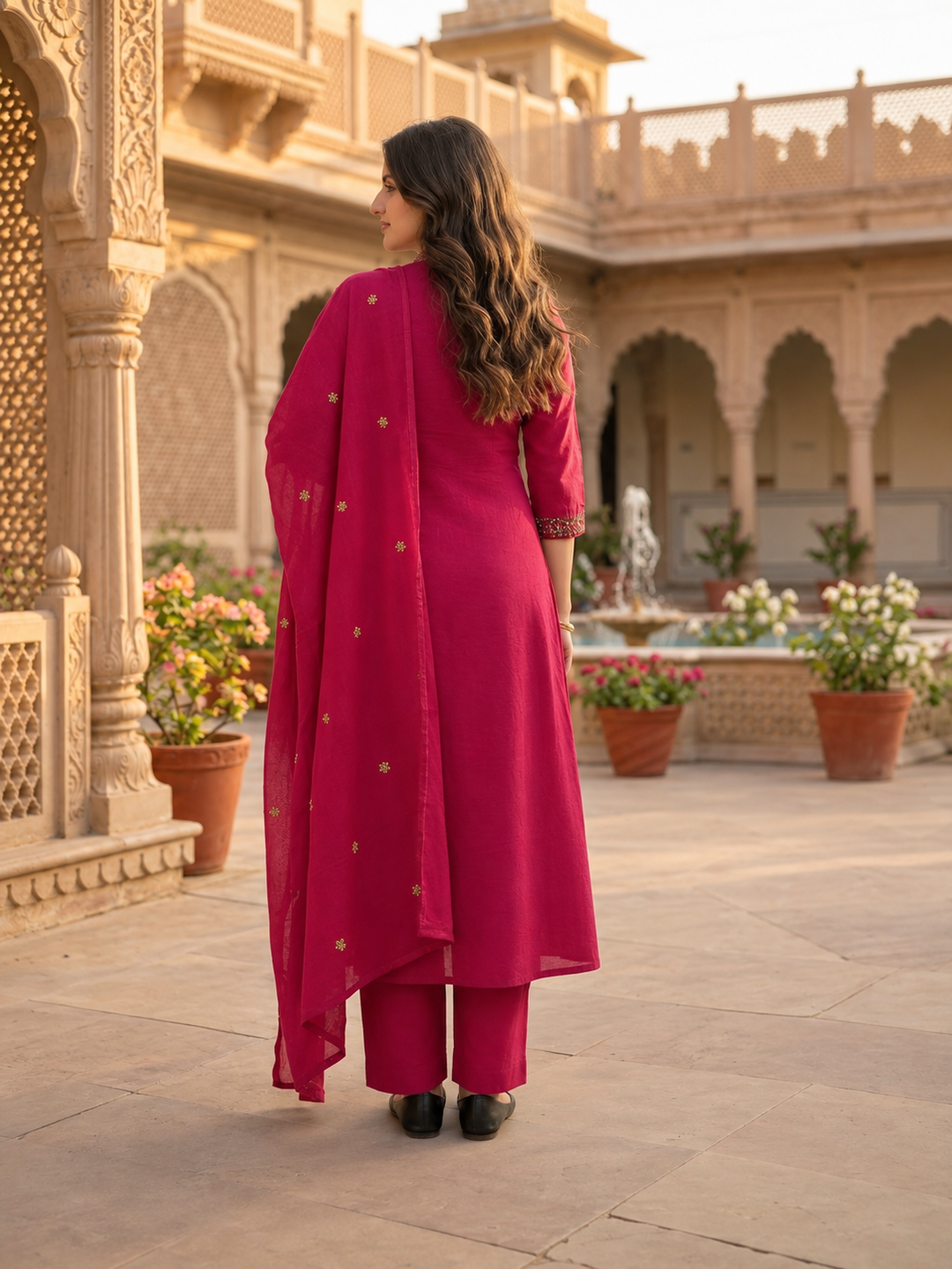 Fuchsia Cotton Dobby Kurta Set with Floral Embroidery, Pant & Dupatta