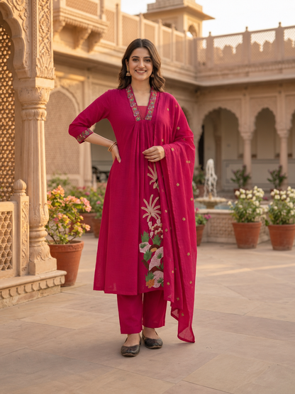 Fuchsia Cotton Dobby Kurta Set with Floral Embroidery, Pant & Dupatta