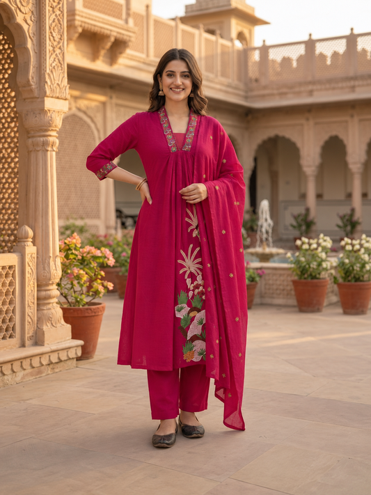 Fuchsia Cotton Dobby Kurta Set with Floral Embroidery, Pant & Dupatta