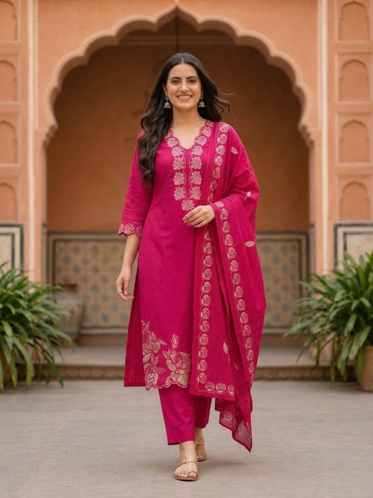 Magenta Cotton Kurta Set with Floral Embroidery & Bead Work, Palazzo & Printed Dupatta