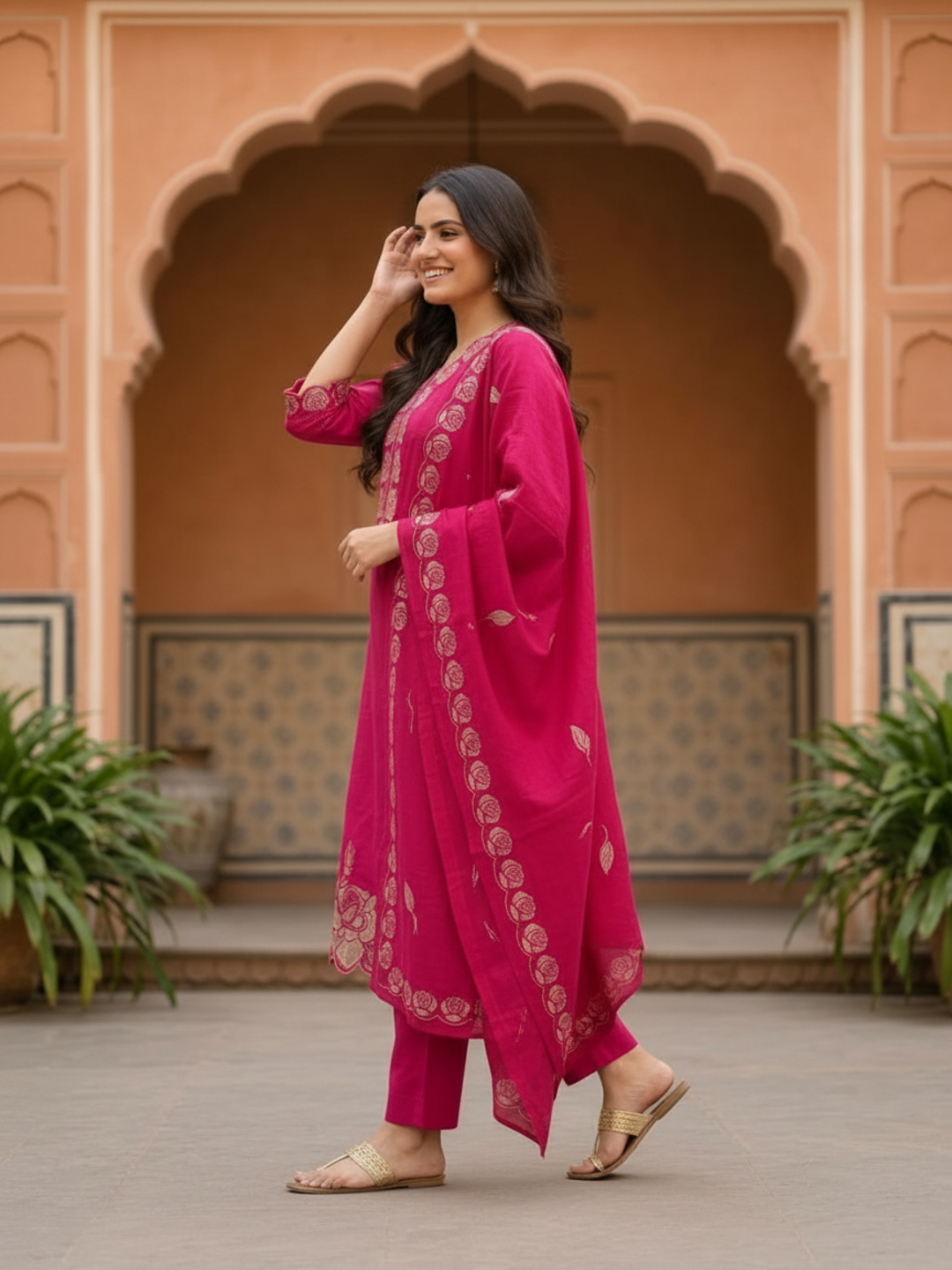 Magenta Cotton Kurta Set with Floral Embroidery & Bead Work, Palazzo & Printed Dupatta