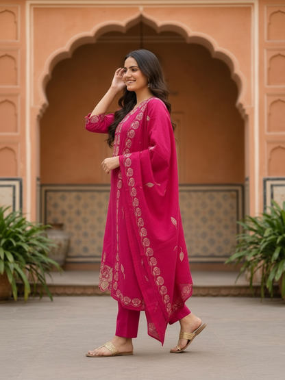 Magenta Cotton Kurta Set with Floral Embroidery & Bead Work, Palazzo & Printed Dupatta