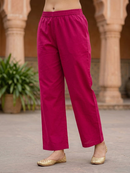 Magenta Cotton Kurta Set with Floral Embroidery & Bead Work, Palazzo & Printed Dupatta