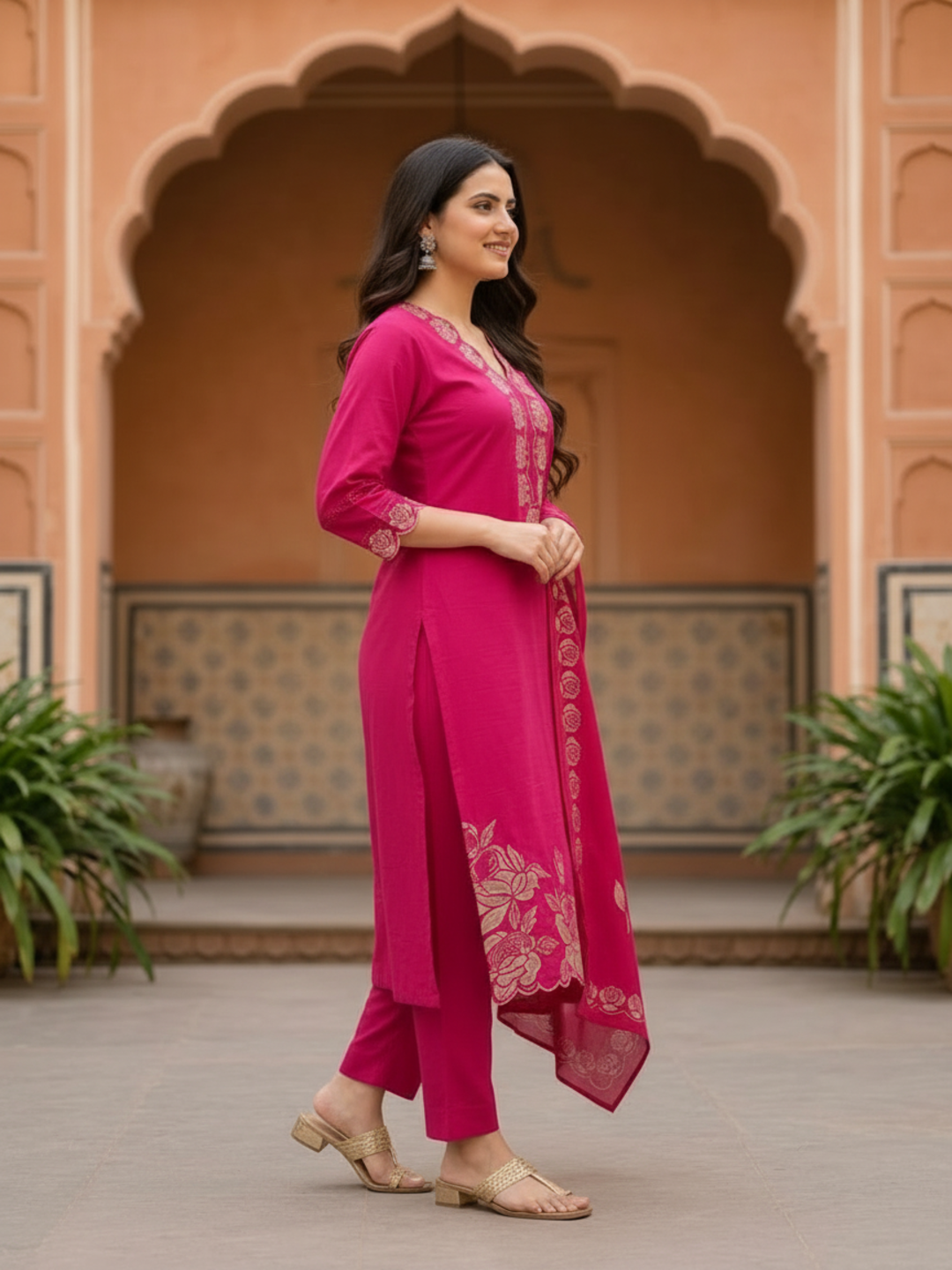 Magenta Cotton Kurta Set with Floral Embroidery & Bead Work, Palazzo & Printed Dupatta