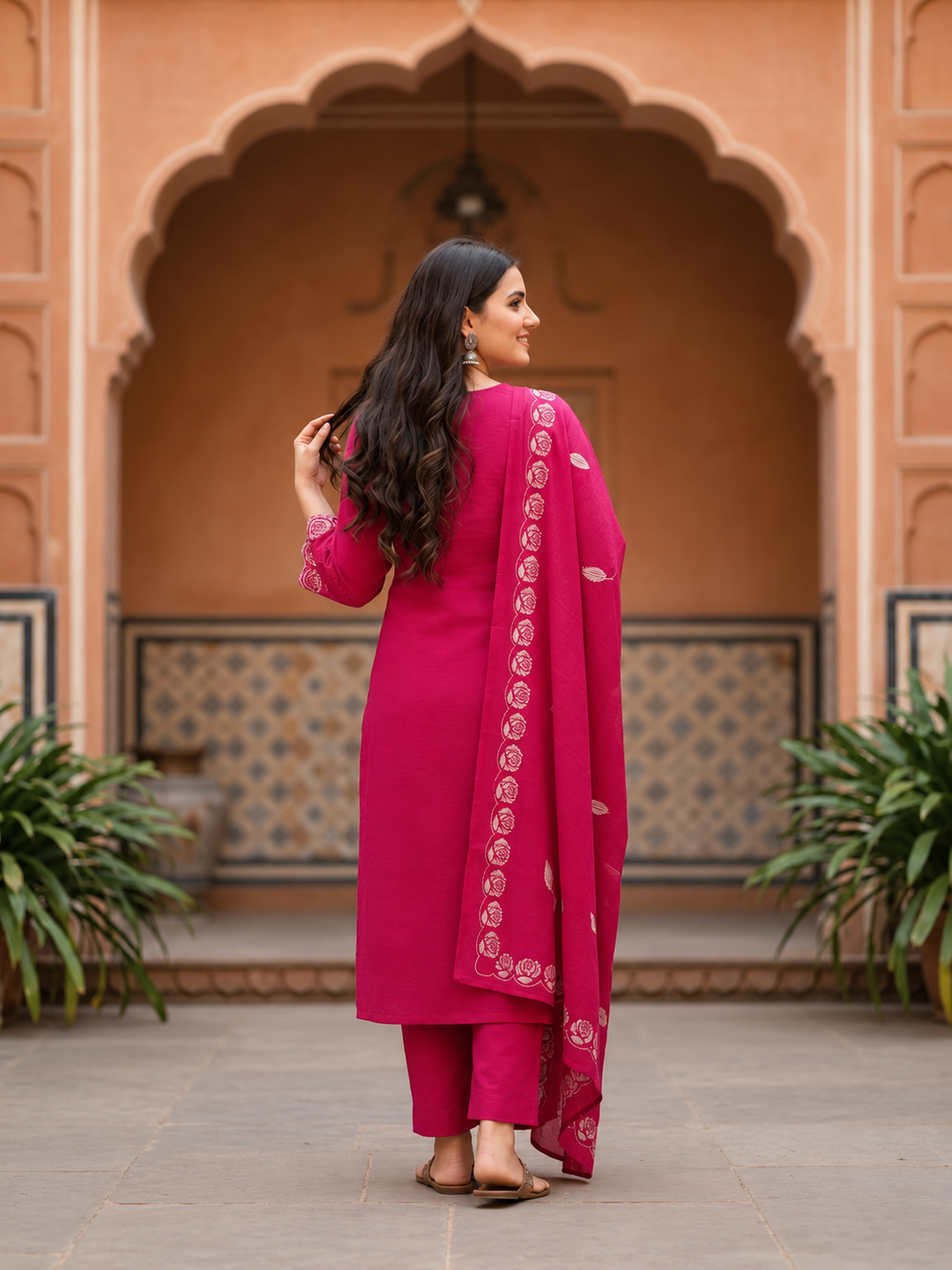 Magenta Cotton Kurta Set with Floral Embroidery & Bead Work, Palazzo & Printed Dupatta