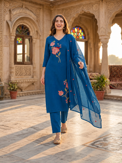 Royal Blue Cotton Kurta Set with Floral Embroidery, Palazzo & Dupatta