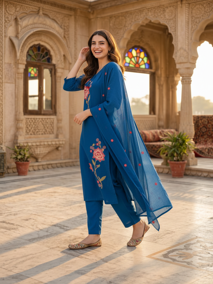 Royal Blue Cotton Kurta Set with Floral Embroidery, Palazzo & Dupatta