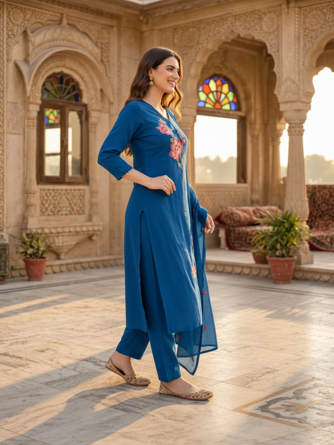 Royal Blue Cotton Kurta Set with Floral Embroidery, Palazzo & Dupatta