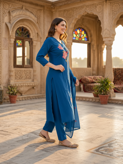 Royal Blue Cotton Kurta Set with Floral Embroidery, Palazzo & Dupatta