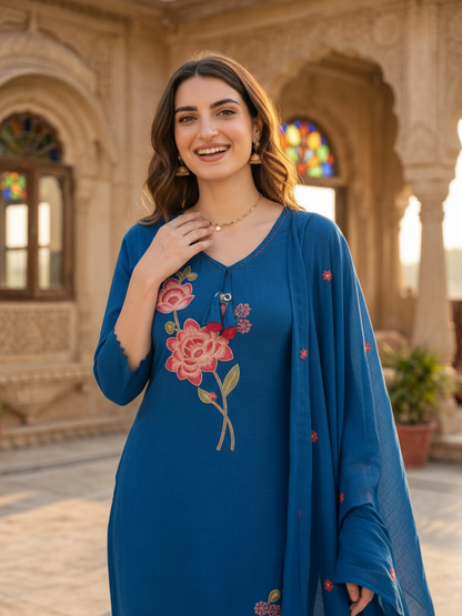 Royal Blue Cotton Kurta Set with Floral Embroidery, Palazzo & Dupatta