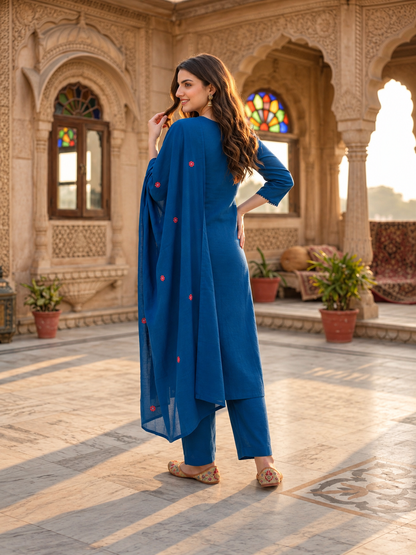 Royal Blue Cotton Kurta Set with Floral Embroidery, Palazzo & Dupatta