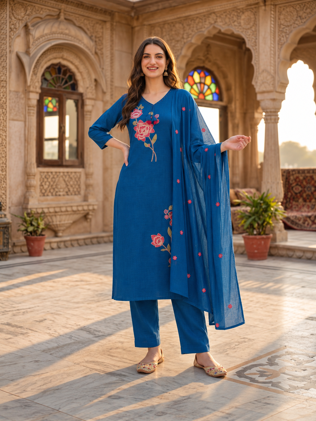 Royal Blue Cotton Kurta Set with Floral Embroidery, Palazzo & Dupatta