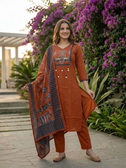 Rust Orange Printed Cotton Kurta Set with Sequin Work, Trousers & Dupatta