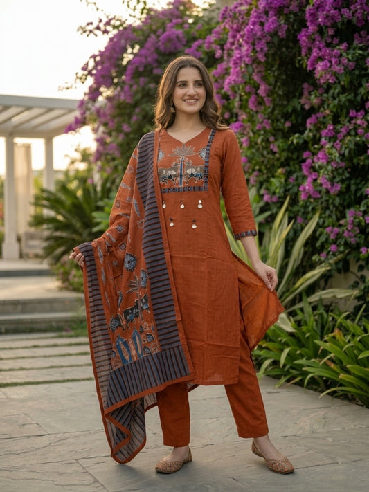 Rust Orange Printed Cotton Kurta Set with Sequin Work, Trousers & Dupatta
