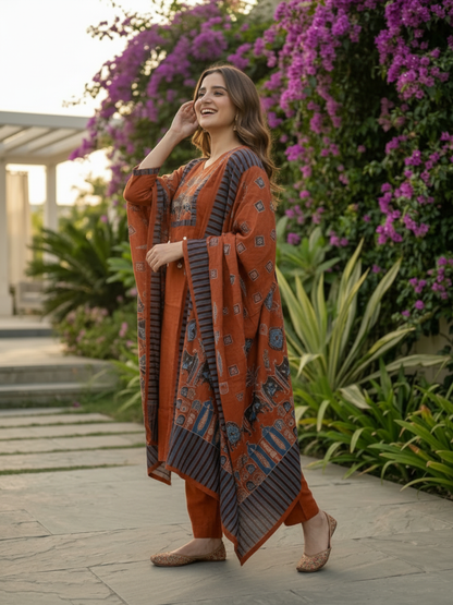 Rust Orange Printed Cotton Kurta Set with Sequin Work, Trousers & Dupatta