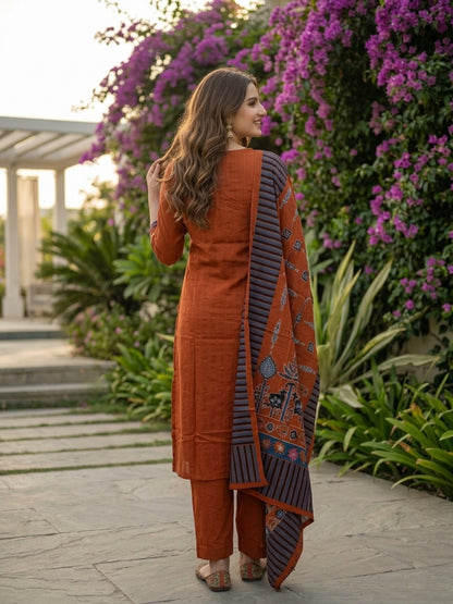 Rust Orange Printed Cotton Kurta Set with Sequin Work, Trousers & Dupatta