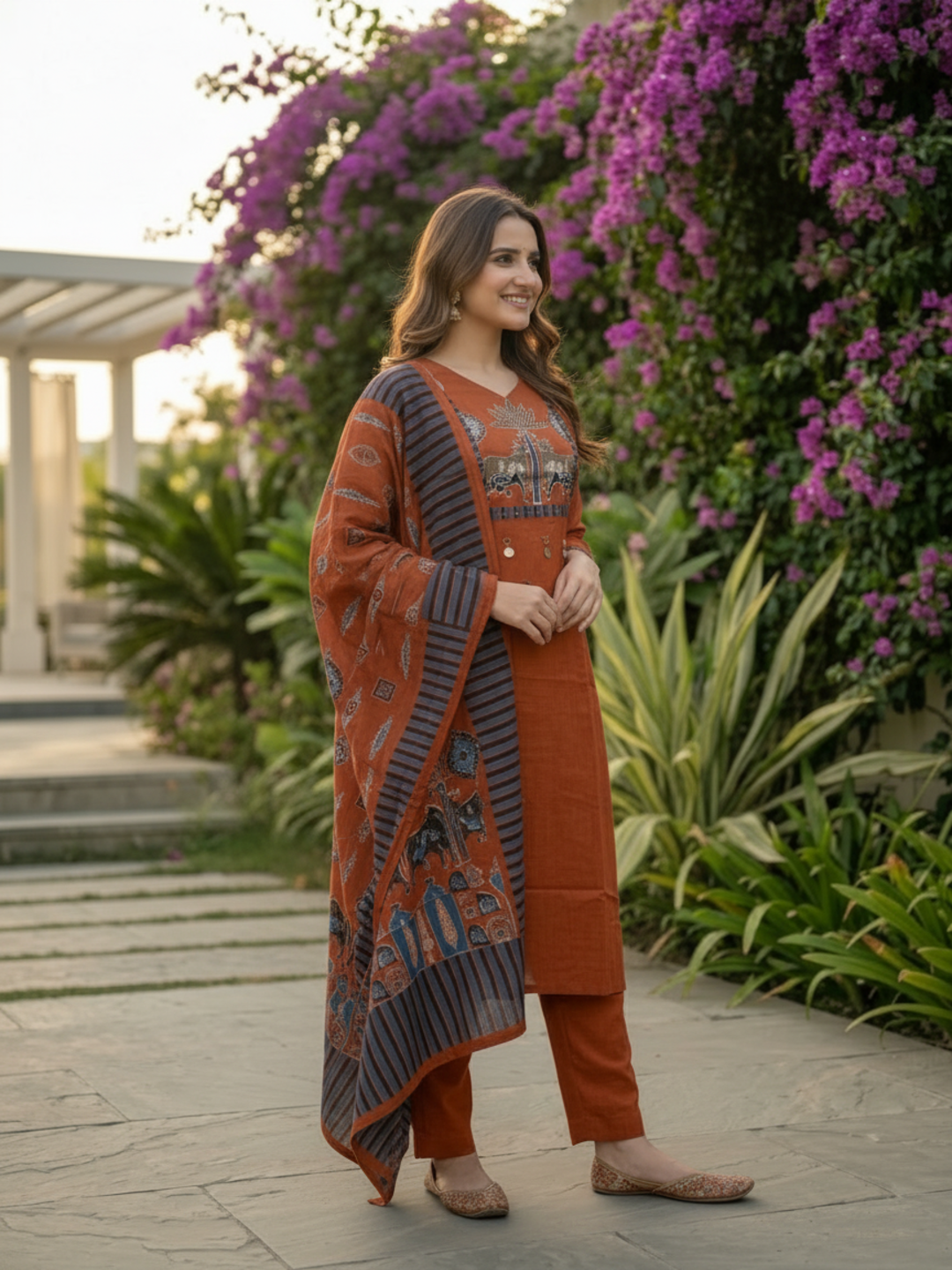 Rust Orange Printed Cotton Kurta Set with Sequin Work, Trousers & Dupatta