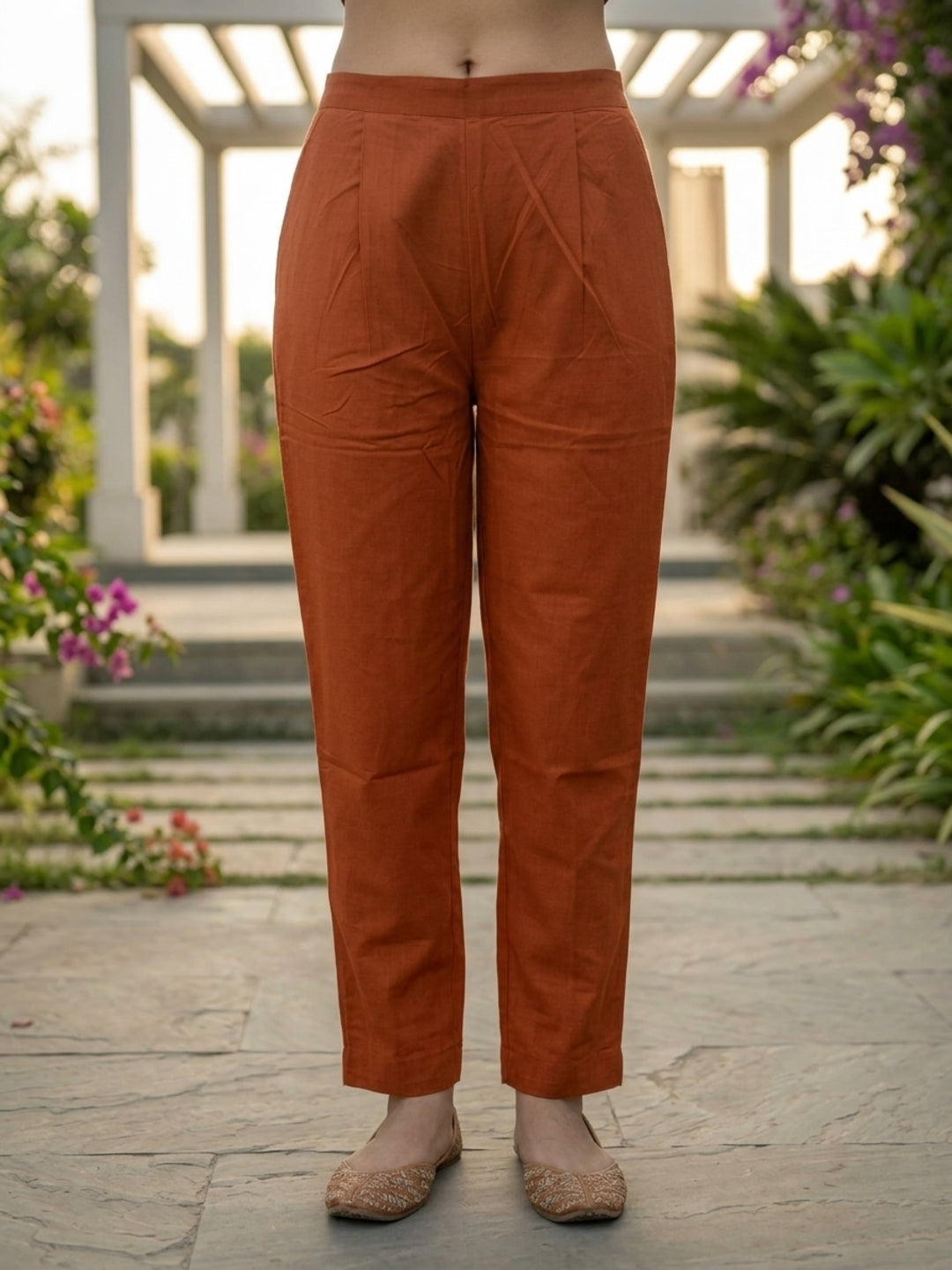 Rust Orange Printed Cotton Kurta Set with Sequin Work, Trousers & Dupatta