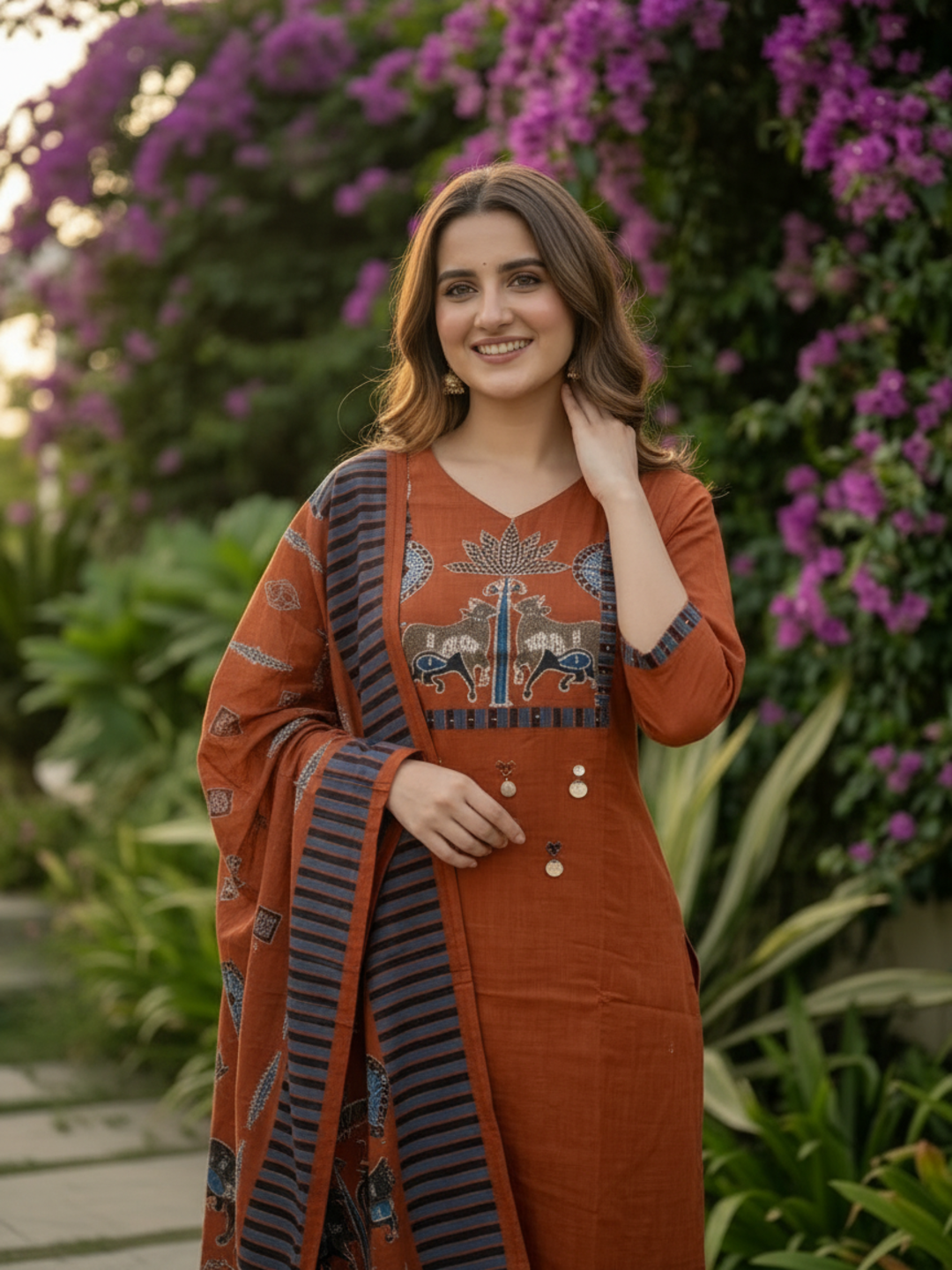 Rust Orange Printed Cotton Kurta Set with Sequin Work, Trousers & Dupatta