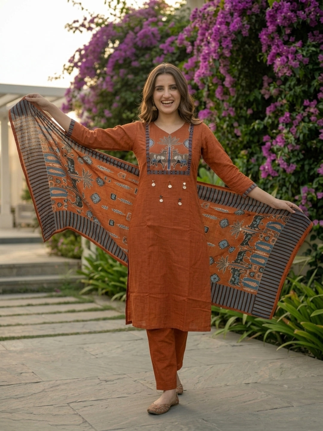 Rust Orange Printed Cotton Kurta Set with Sequin Work, Trousers & Dupatta