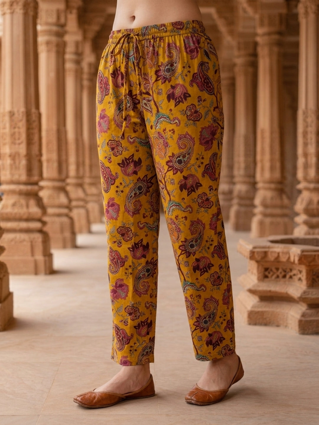 Mustard Yellow Floral Cotton Kurta Set with Zari & Thread Embroidery, Palazzo & Dupatta