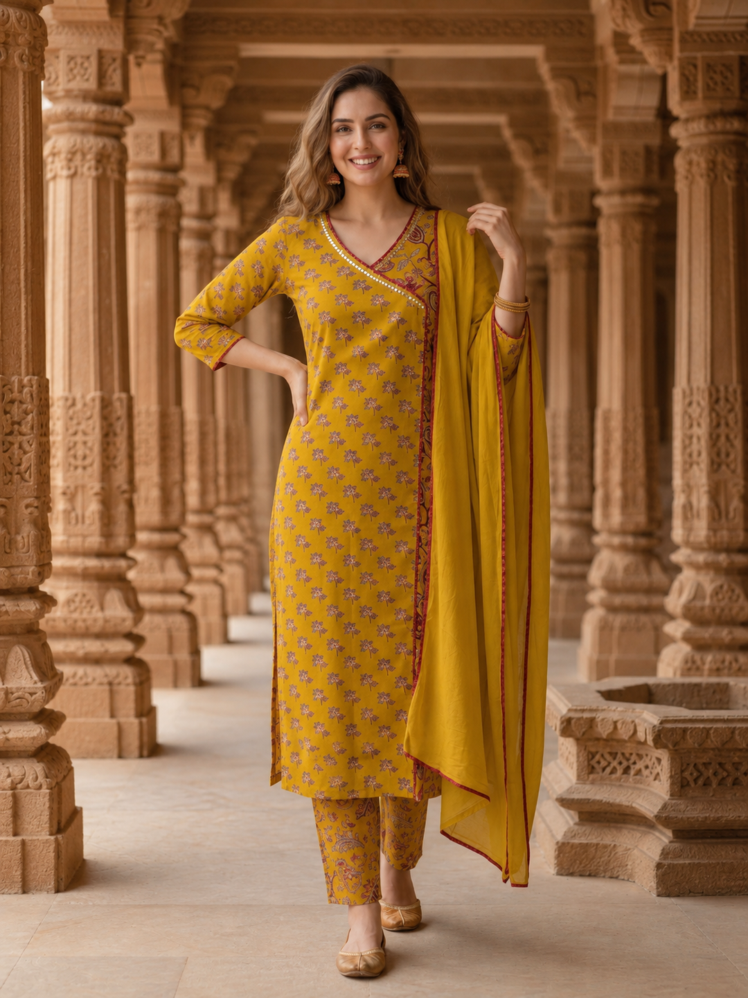 Mustard Yellow Floral Cotton Kurta Set with Zari & Thread Embroidery, Palazzo & Dupatta