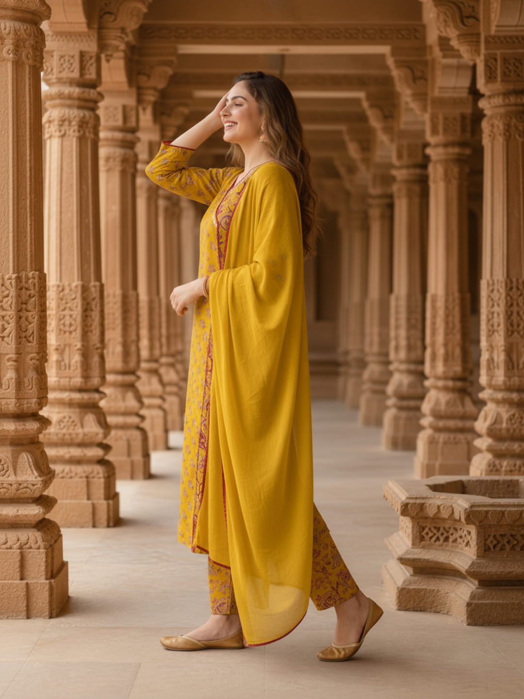 Mustard Yellow Floral Cotton Kurta Set with Zari & Thread Embroidery, Palazzo & Dupatta
