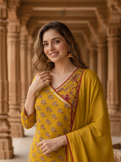 Mustard Yellow Floral Cotton Kurta Set with Zari & Thread Embroidery, Palazzo & Dupatta