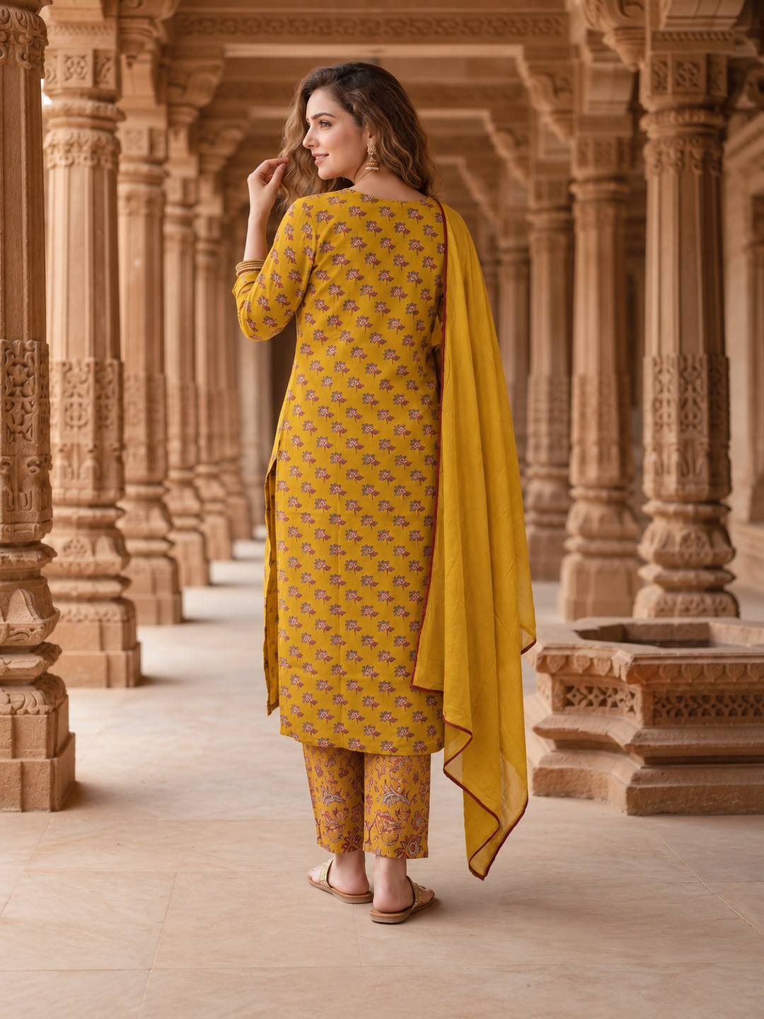 Mustard Yellow Floral Cotton Kurta Set with Zari & Thread Embroidery, Palazzo & Dupatta