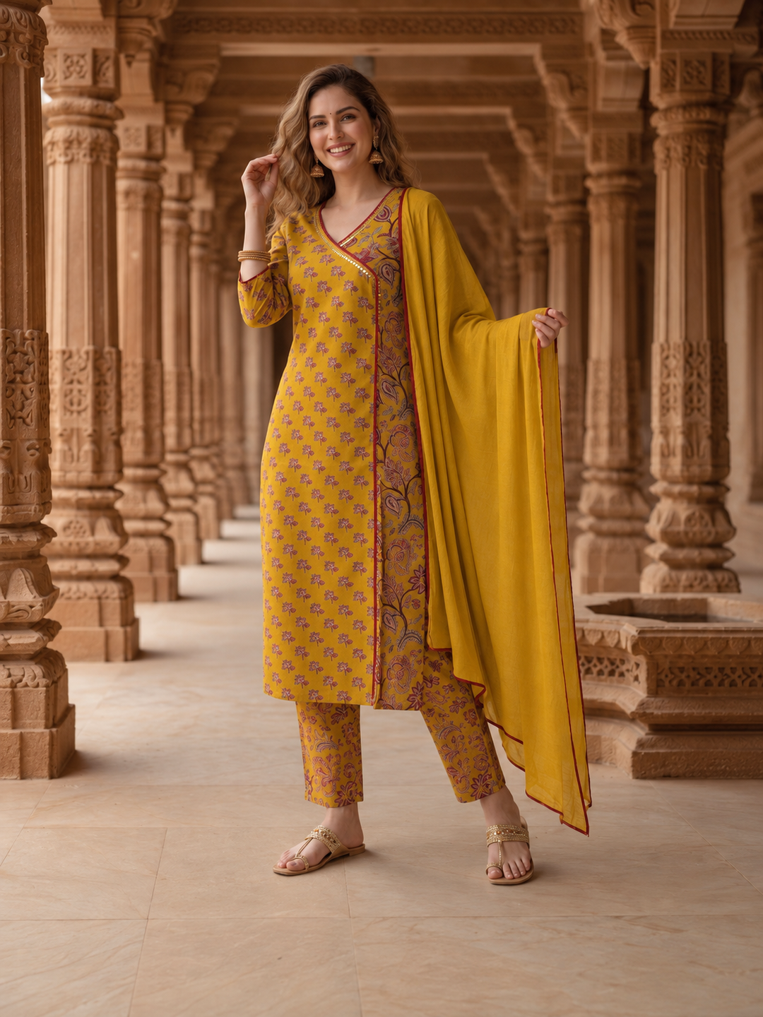 Mustard Yellow Floral Cotton Kurta Set with Zari & Thread Embroidery, Palazzo & Dupatta