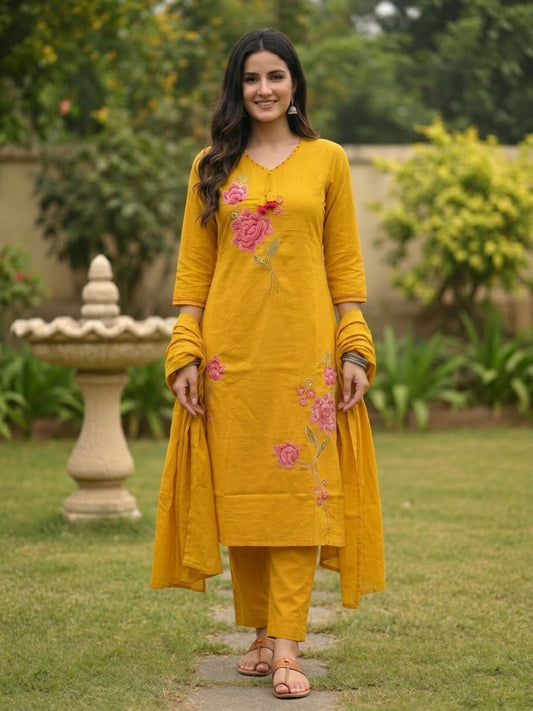 Mustard Yellow Cotton Kurta Set with Floral Embroidery, Pant & Dupatta