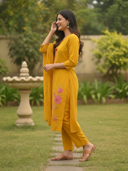 Mustard Yellow Cotton Kurta Set with Floral Embroidery, Pant & Dupatta