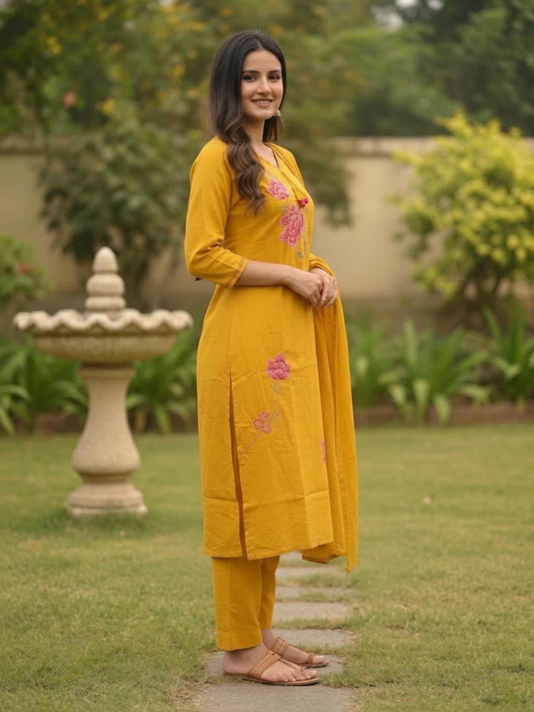 Mustard Yellow Cotton Kurta Set with Floral Embroidery, Pant & Dupatta