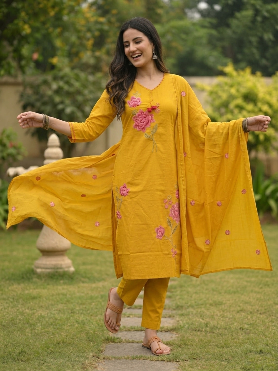 Mustard Yellow Cotton Kurta Set with Floral Embroidery, Pant & Dupatta