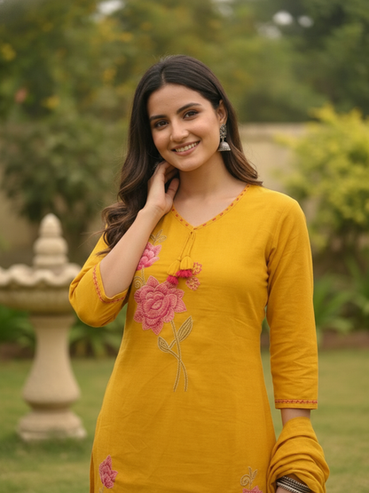 Mustard Yellow Cotton Kurta Set with Floral Embroidery, Pant & Dupatta