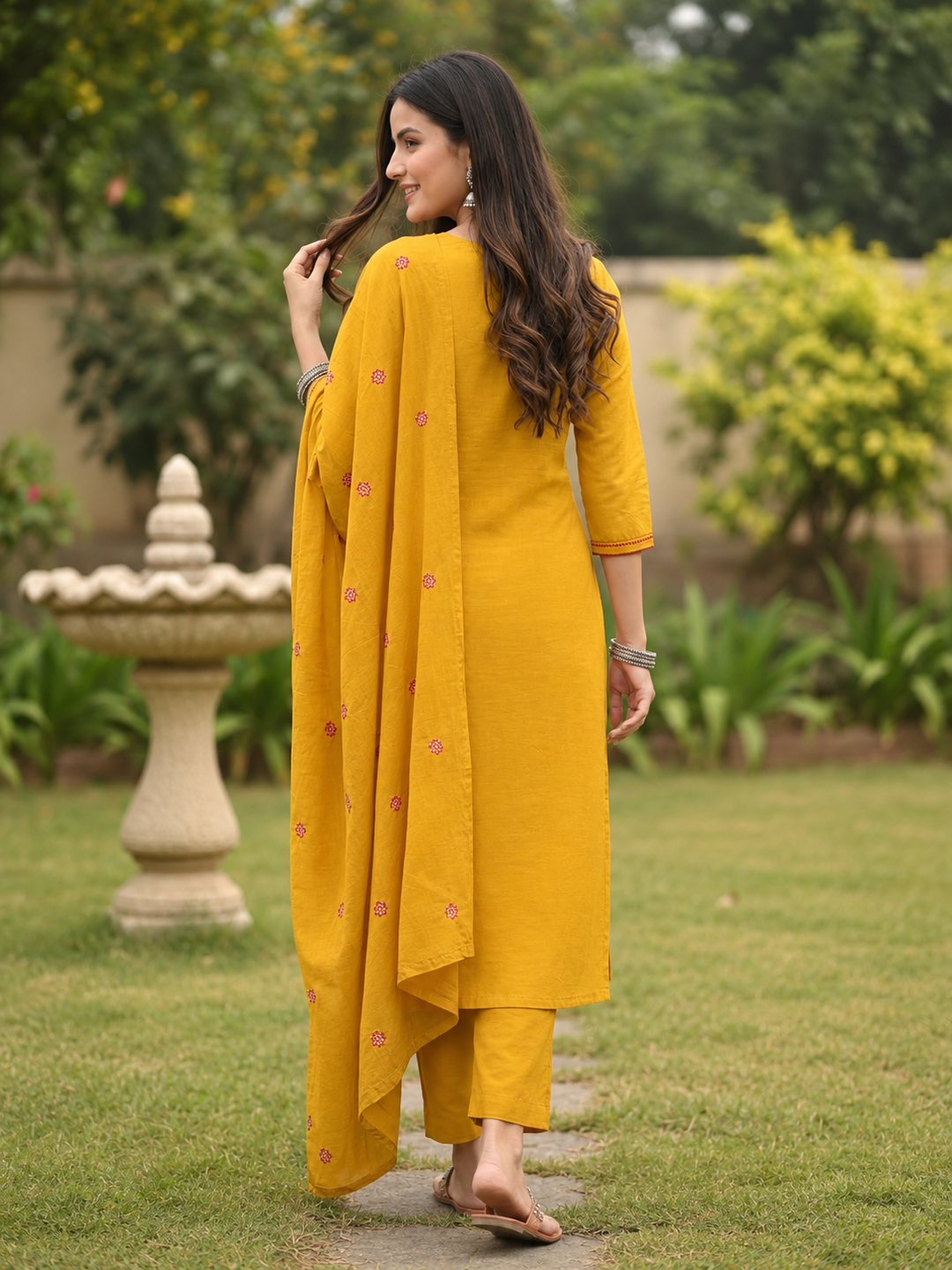 Mustard Yellow Cotton Kurta Set with Floral Embroidery, Pant & Dupatta