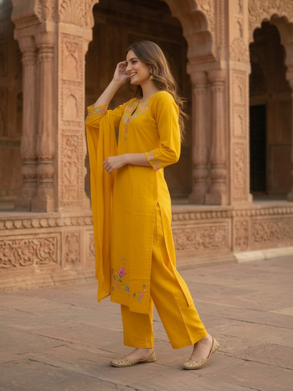 Mustard Yellow Cotton Kurta Set with Floral Embroidery, Palazzo & Dupatta