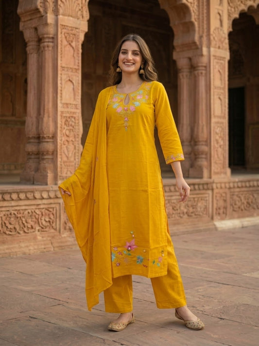 Mustard Yellow Cotton Kurta Set with Floral Embroidery, Palazzo & Dupatta
