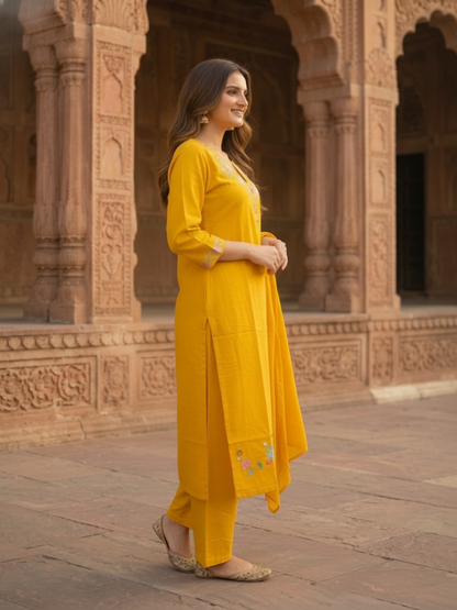 Mustard Yellow Cotton Kurta Set with Floral Embroidery, Palazzo & Dupatta