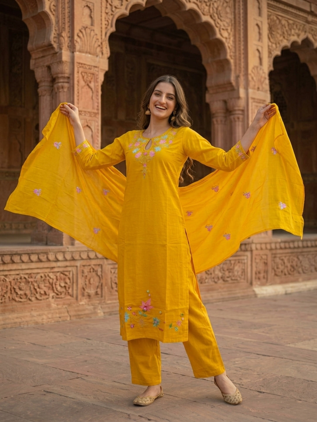Mustard Yellow Cotton Kurta Set with Floral Embroidery, Palazzo & Dupatta