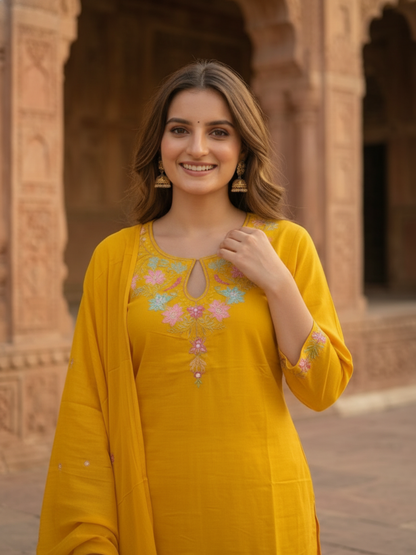 Mustard Yellow Cotton Kurta Set with Floral Embroidery, Palazzo & Dupatta