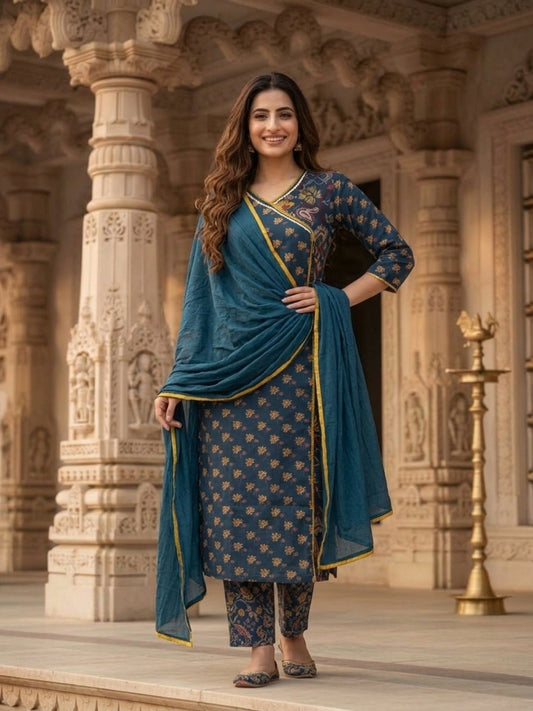 Navy Blue Floral Cotton Kurta Set with Zari & Thread Embroidery, Palazzo & Dupatta