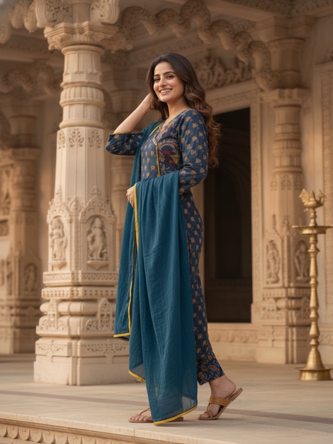 Navy Blue Floral Cotton Kurta Set with Zari & Thread Embroidery, Palazzo & Dupatta